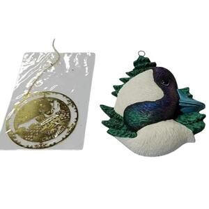 Lot of 2 Christmas Ornaments - Bufflehead Duck & Gold Merry Christmas Scene